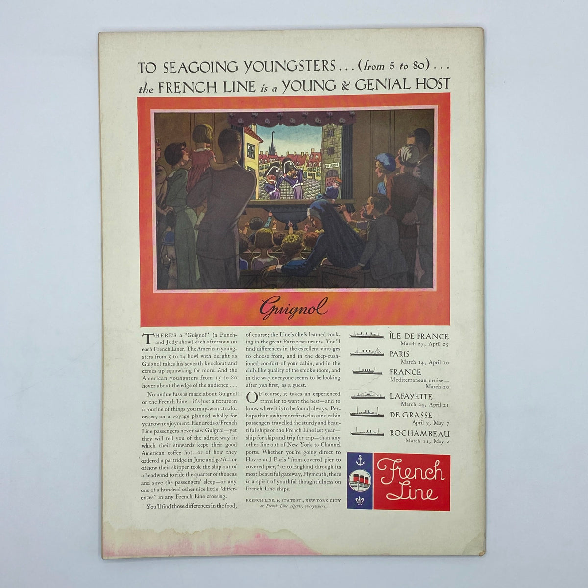 Vintage advertisement for the French Line from The New Yorker magazine February 28, 1931, promoting family travel experiences with colorful illustrations.