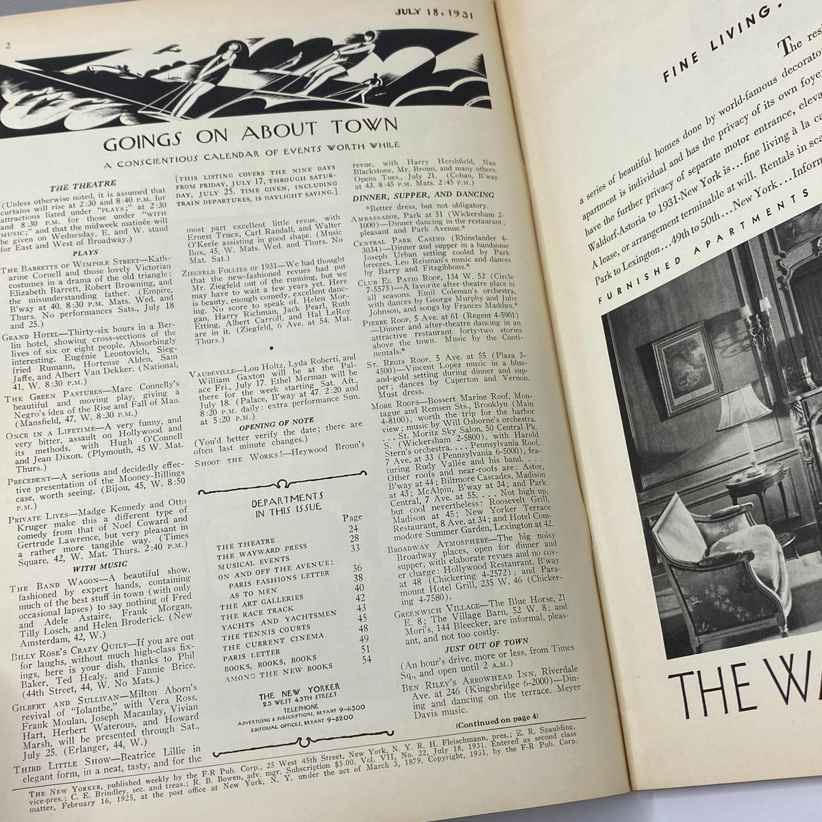 Inside page of The New Yorker complete magazine July 18, 1931 featuring calendar of events, arts, and cultural commentary.