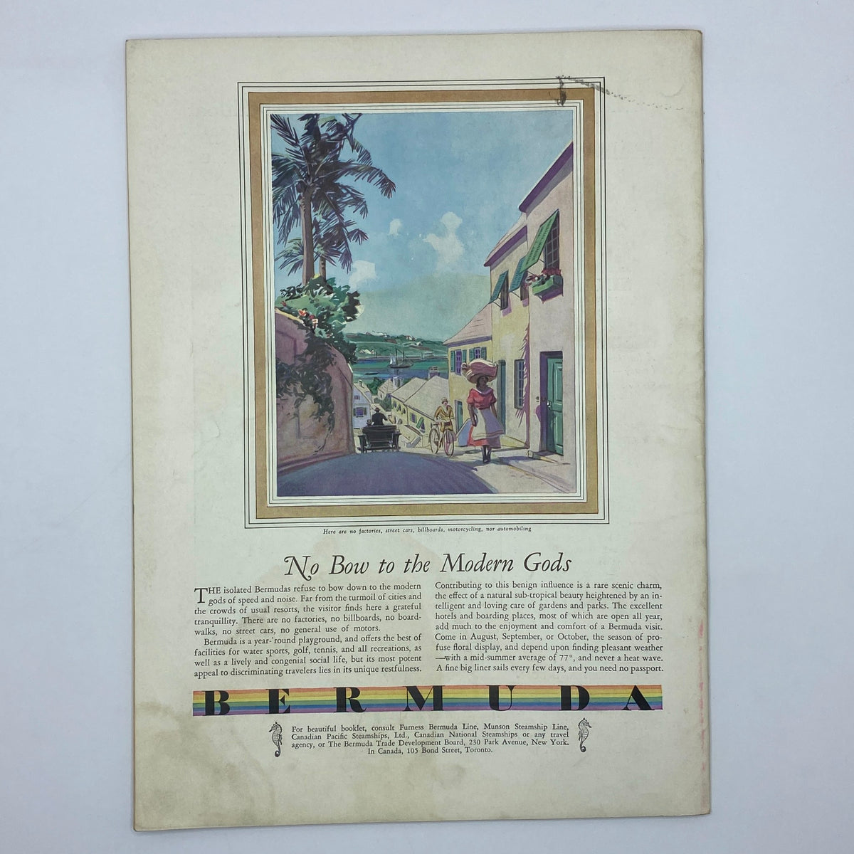 Advertisment from The New Yorker complete magazine July 18, 1931 promoting Bermuda travel, showcasing a colorful illustration of a tropical scene.