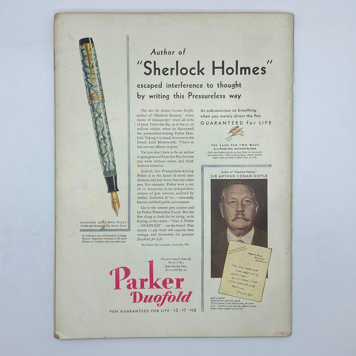 Back cover of The New Yorker magazine from February 7, 1931 featuring an advertisement for Parker Duofold pens, highlighting Sir Arthur Conan Doyle, author of Sherlock Holmes.