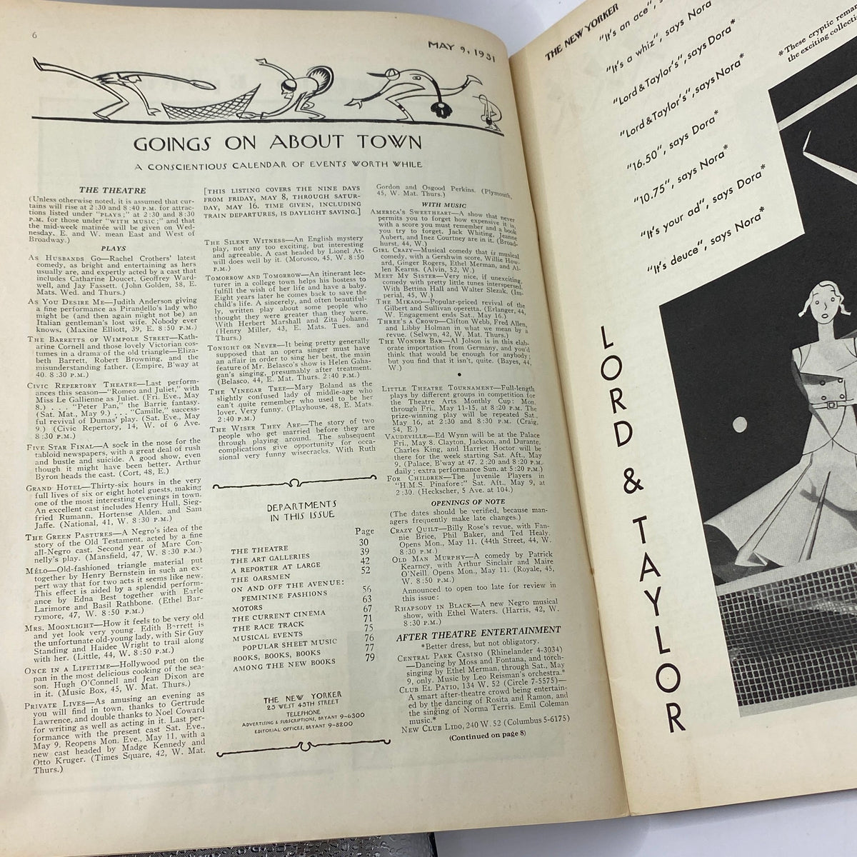 Inside view of The New Yorker magazine dated May 9, 1931, showing a calendar of events and advertisements, showcasing the cultural landscape of the era.