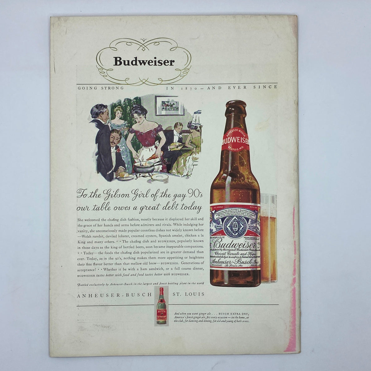 Vintage advertisement for Budweiser in The New Yorker magazine August 22, 1931, featuring a classic bottle and a dining scene illustrating social gatherings during the era.