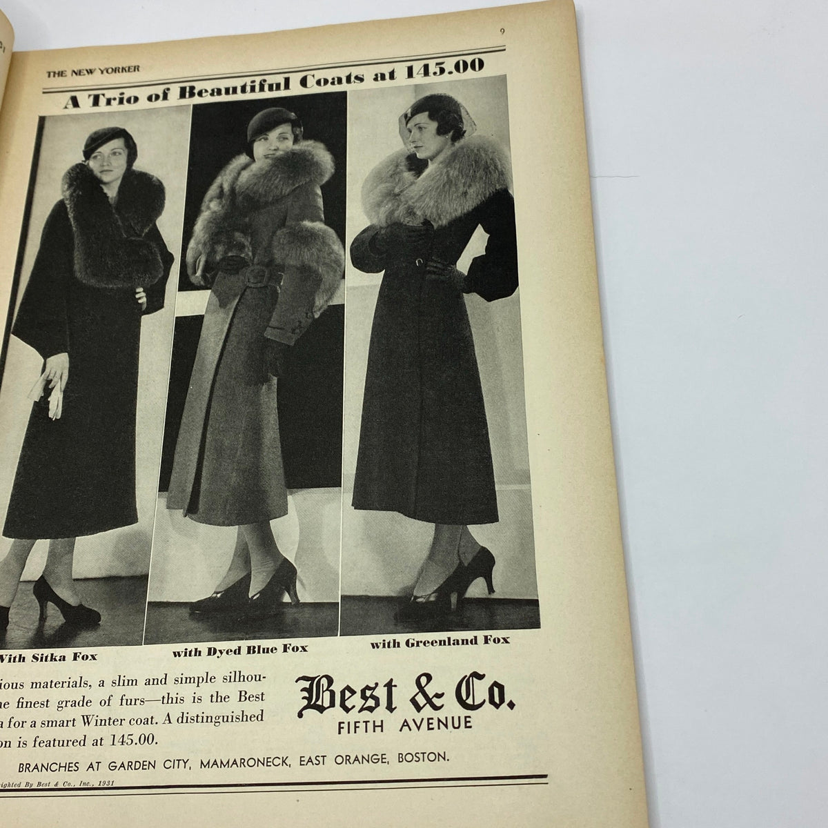 The New Yorker Complete Magazine October 10, 1931 features a vintage advertisement showcasing a trio of beautiful coats priced at $145, highlighting fashionable winter attire from the 1930s.