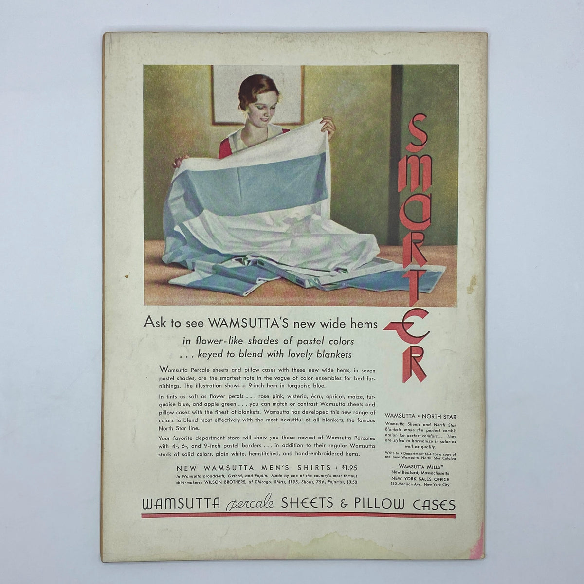 The New Yorker Complete Magazine October 10, 1931 includes an advertisement for Wamsutta's new wide hem sheets and pillowcases in pastel colors, emphasizing their soft appeal and modern design.