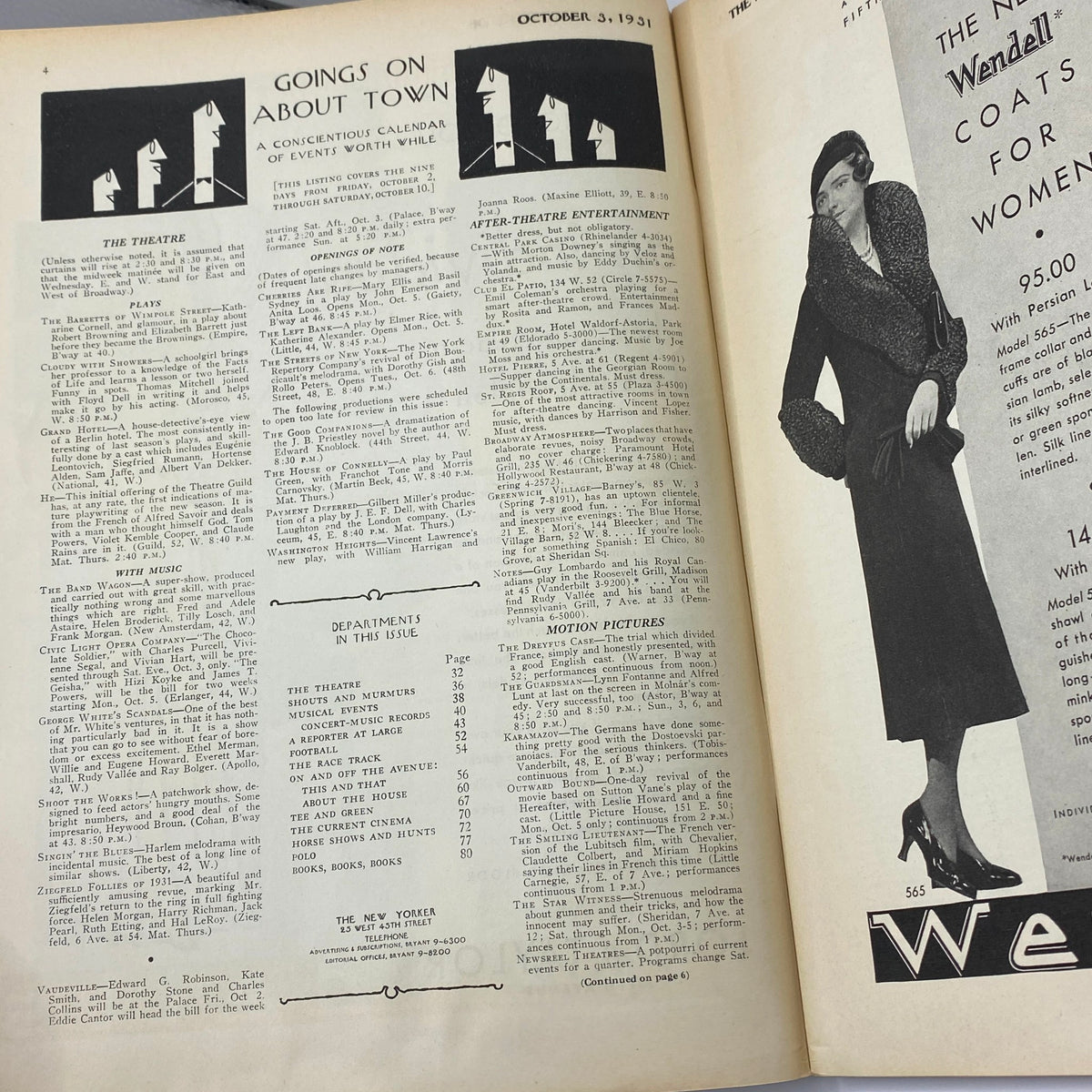 Inside page of The New Yorker magazine October 3, 1931 featuring 'Goings On About Town' calendar and theater events with an elegant fashion illustration.
