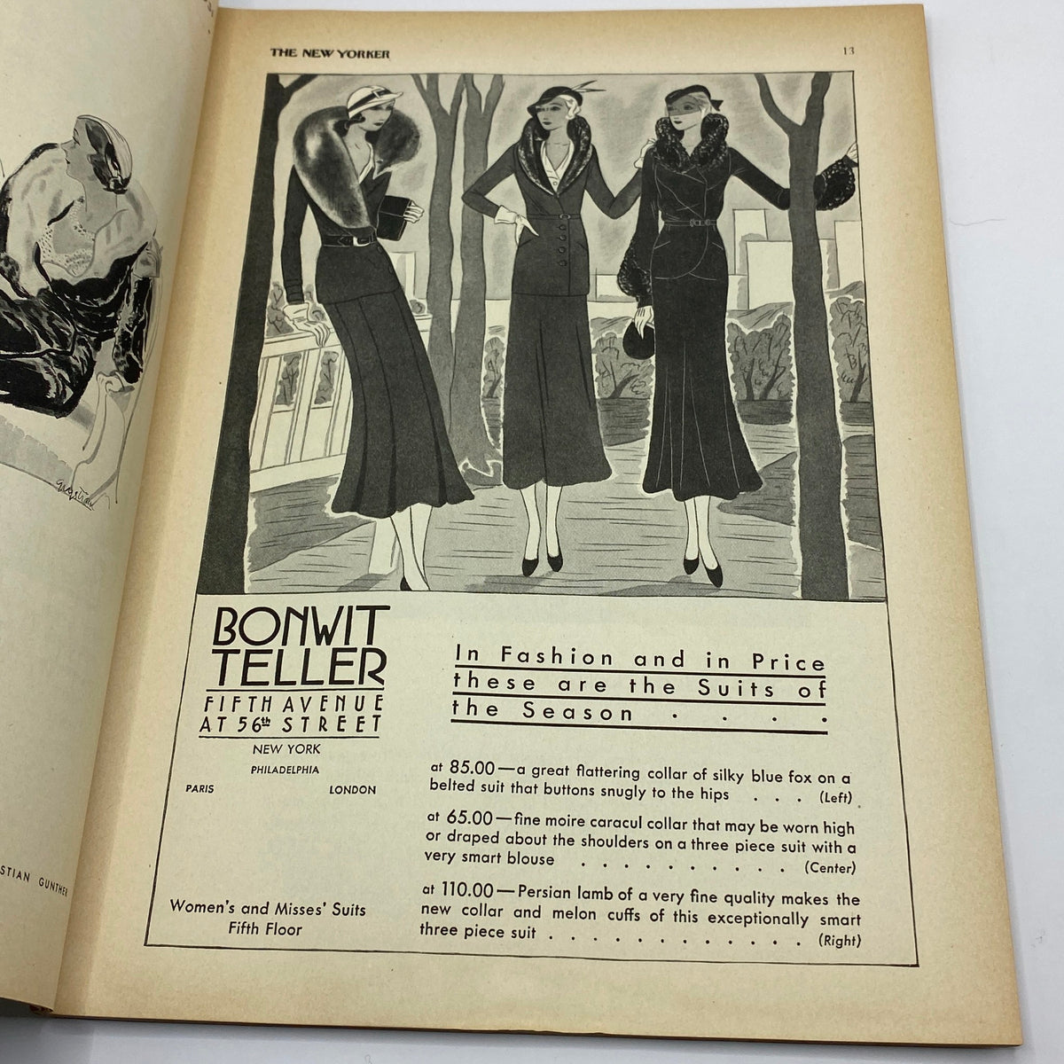 Fashion advertisement from The New Yorker magazine October 3, 1931 showcasing women's suits by Bonwit Teller with stylish black and white illustration.