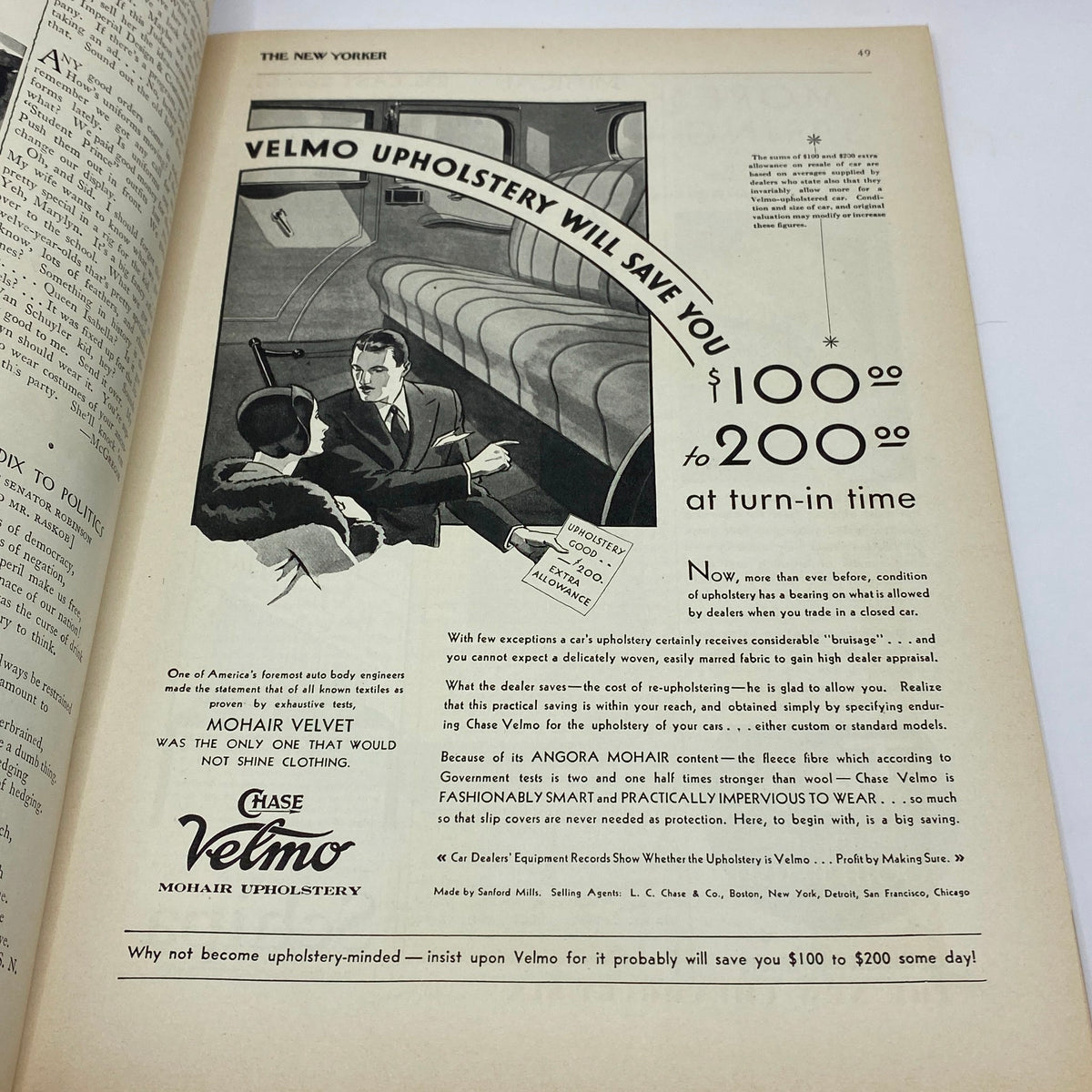 Advertisement in The New Yorker Complete Magazine March 28, 1931, for Velmo Upholstery, highlighting savings on car upholstery services.
