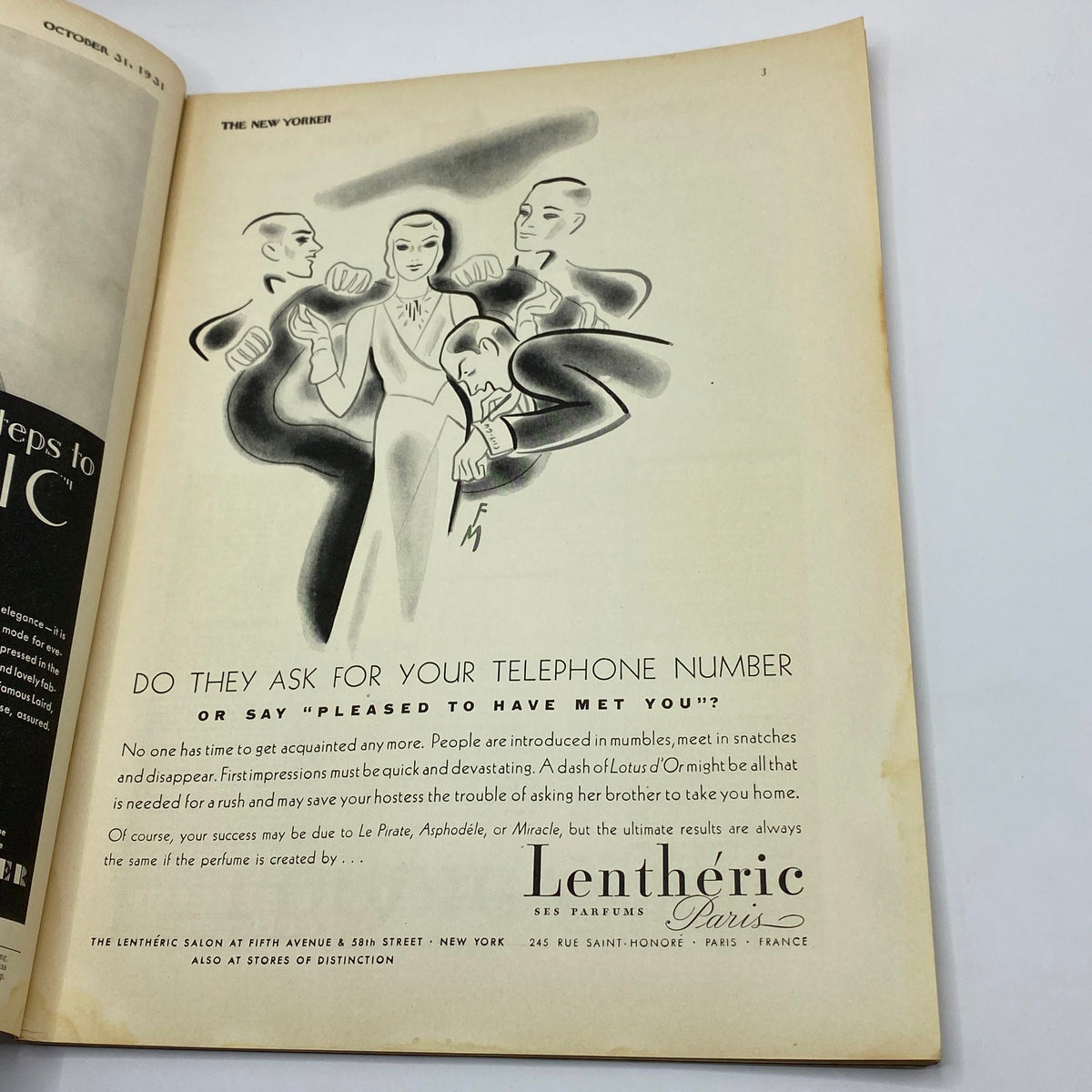 Interior page of The New Yorker Complete Magazine October 31, 1931, highlighting a humorous advertising illustration with a sophisticated social theme.