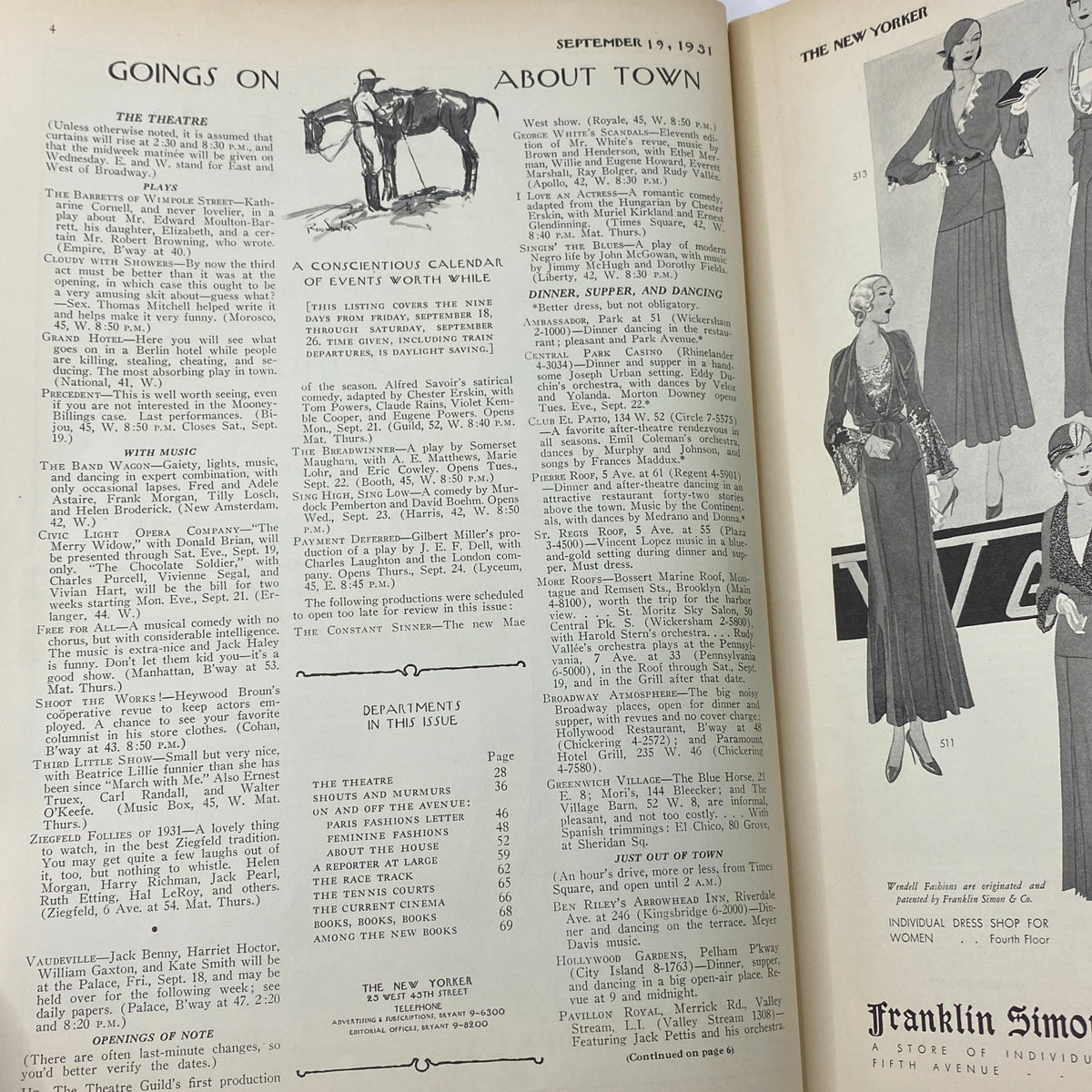 Inside page from The New Yorker Complete Magazine September 19, 1931 showcasing events and notices, featuring an illustration of a horse and rider.