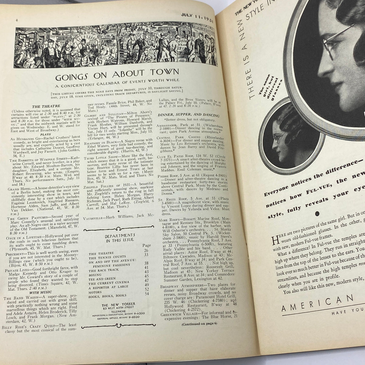 Feature page from The New Yorker magazine, July 11, 1931, showcasing the 'Goings On About Town' section, including a calendar of events and advertisements.