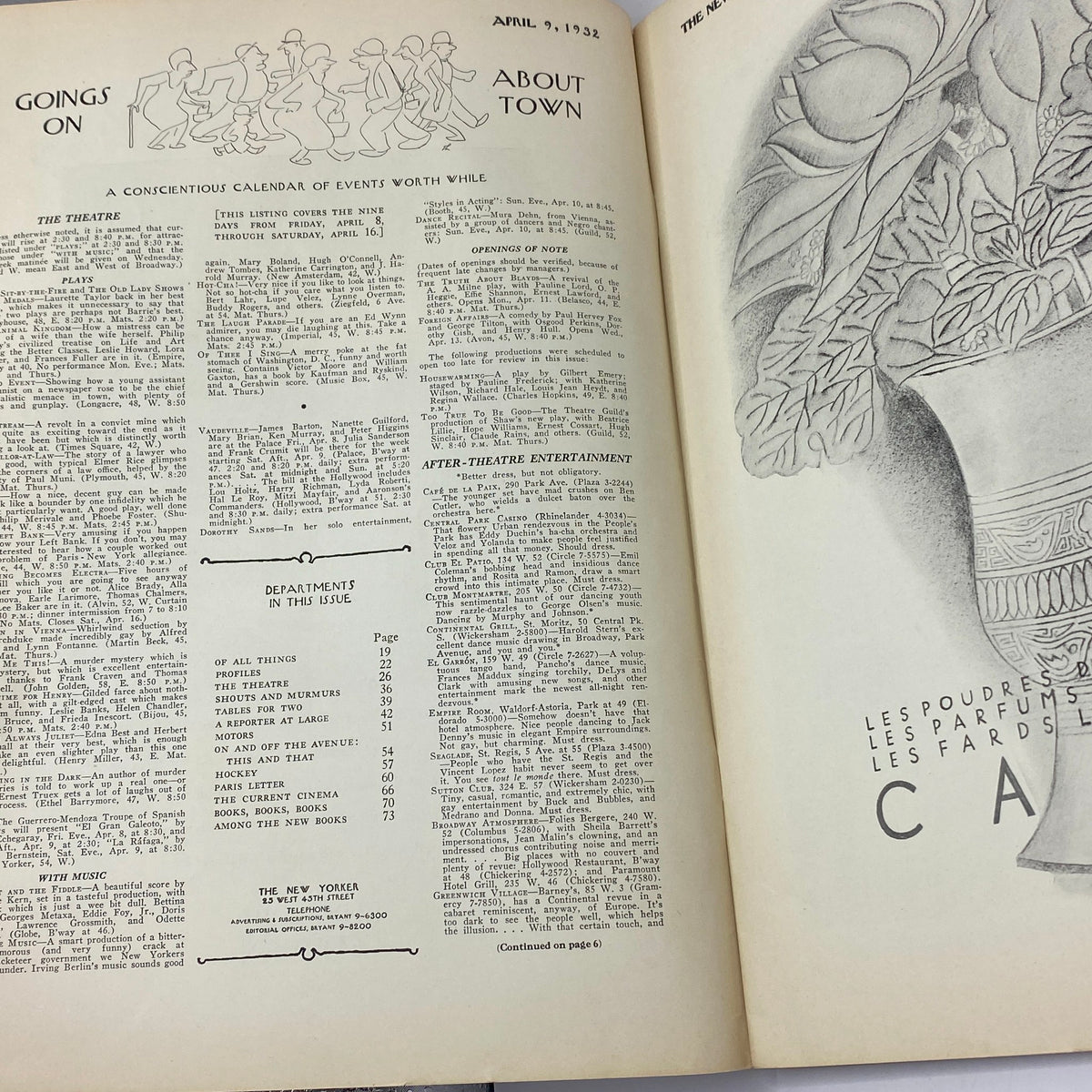 Inside spread of The New Yorker magazine from April 9, 1932 featuring events calendar and magazine departments, showcasing the vintage layout and editorial content.