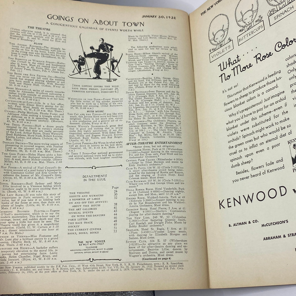 Inside page of The New Yorker magazine from January 30, 1932 featuring a cultural calendar and events schedule.