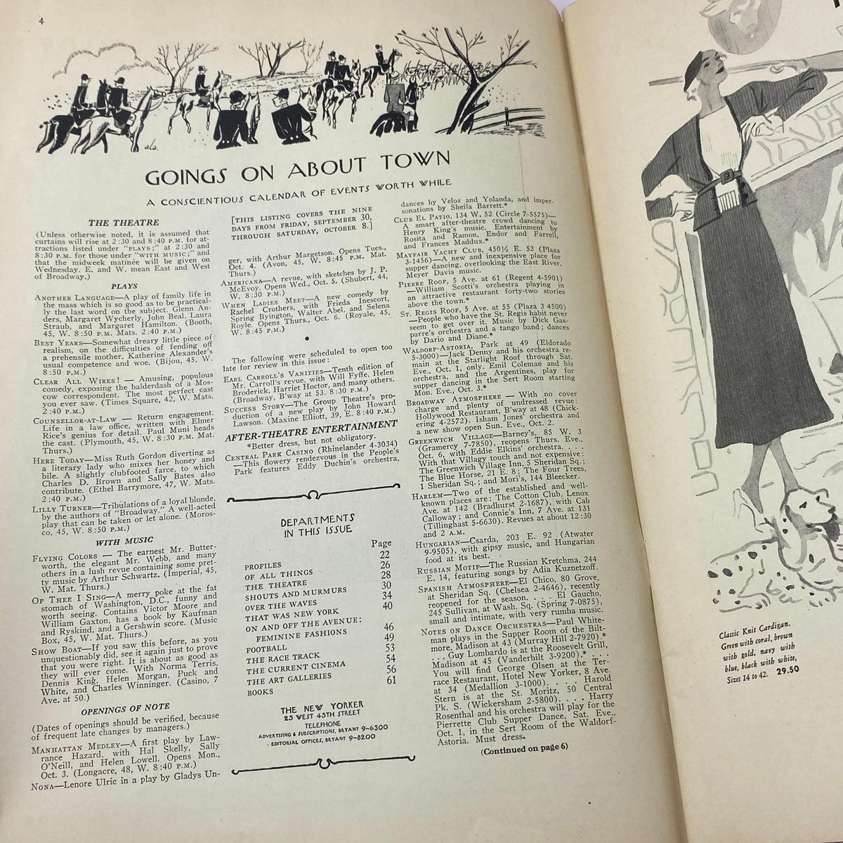 Interior page of The New Yorker magazine from October 1, 1932, featuring a calendar of events titled 'Goings On About Town,' highlighting various cultural happenings of the time.