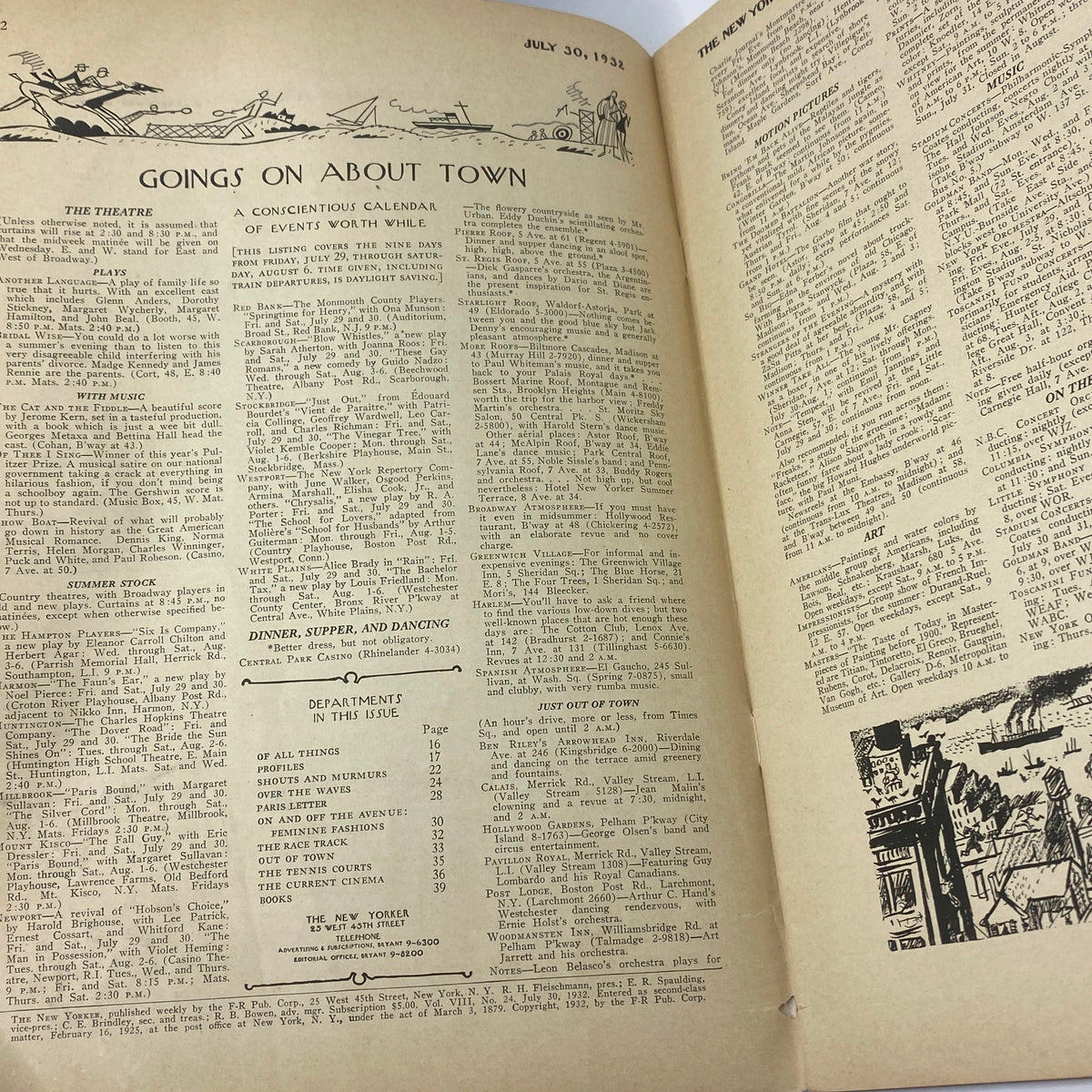 The New Yorker Complete Magazine July 30, 1932 showing the 'Goings On About Town' section with event listings and illustrations.