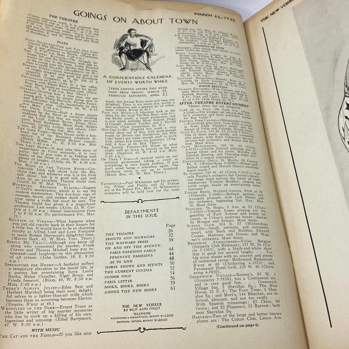 Interior page from The New Yorker magazine, March 26, 1932, featuring 'Goings On About Town' with a calendar of events and listings, showcasing the charm of urban life.