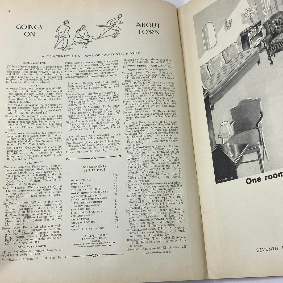 Inside pages of The New Yorker Complete Magazine September 24, 1932, featuring a calendar of events and theater listings, showcasing vintage magazine layout.