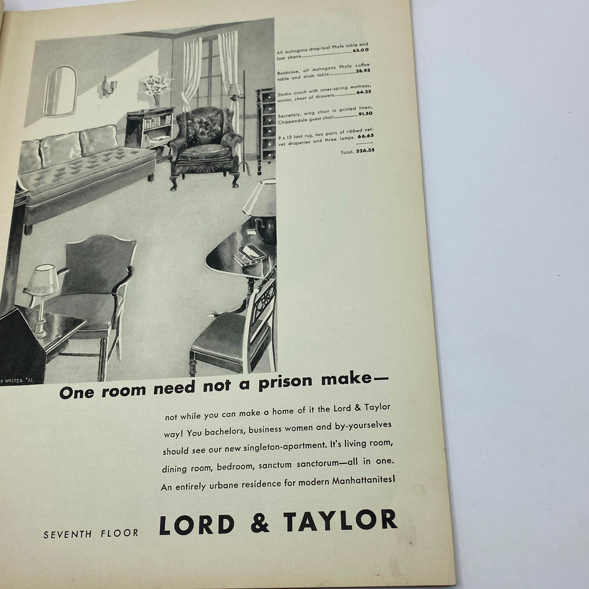 Advertisement in The New Yorker Complete Magazine September 24, 1932, for Lord & Taylor showcasing living room furniture, highlighting home décor of the era.