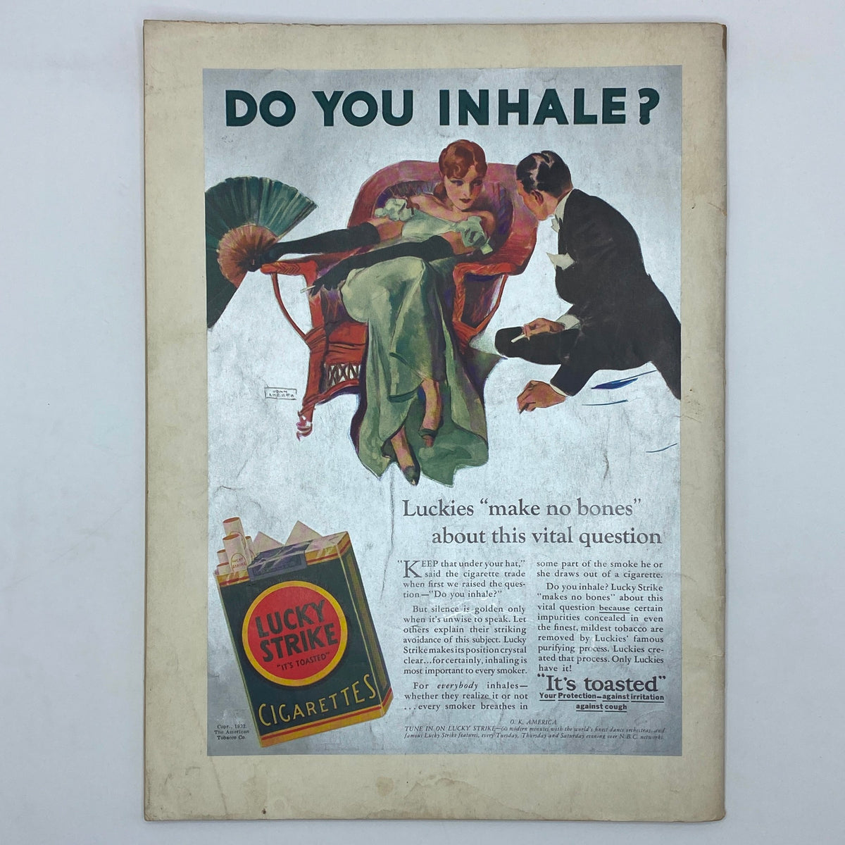 Vintage advertisement from The New Yorker Complete Magazine September 24, 1932, promoting Lucky Strike cigarettes with an elegant design and intriguing dialogue.
