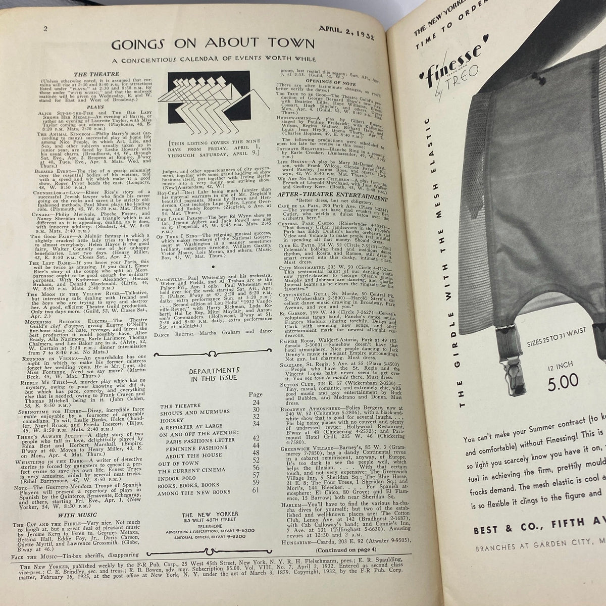 Inside page of The New Yorker Complete Magazine April 2, 1932 featuring calendar of events 'Goings On About Town'.
