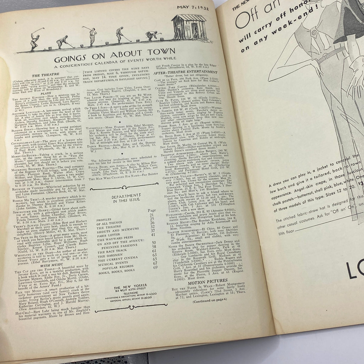 Interior page from The New Yorker Complete Magazine May 7, 1932 showing events calendar and department listings.