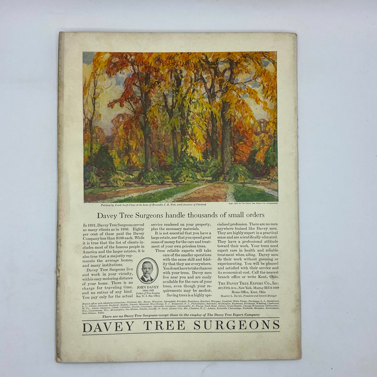 Advertisement page for Davey Tree Surgeons from The New Yorker Complete Magazine May 7, 1932 featuring autumn landscape painting.