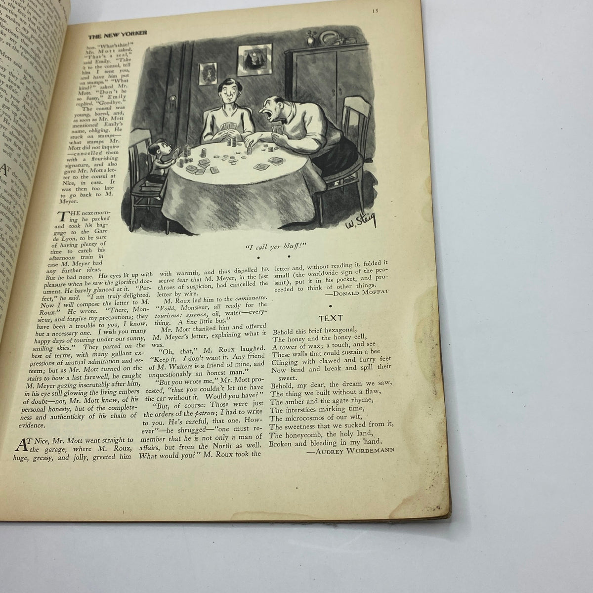 Illustrated page from The New Yorker Complete Magazine June 18, 1932, depicting a humorous scene with characters engaged in a card game and a witty cartoon.