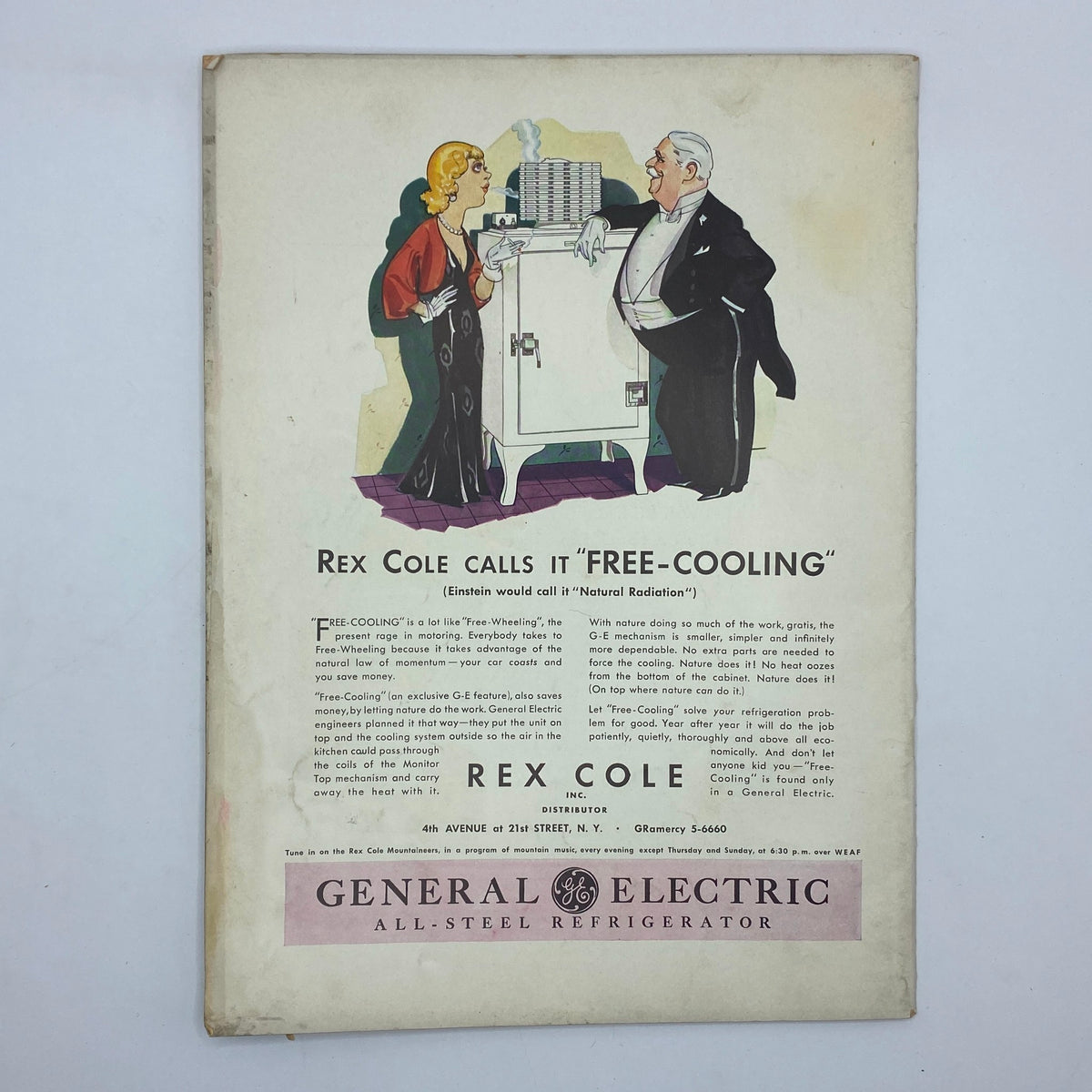 Back cover of The New Yorker Complete Magazine June 18, 1932 featuring a vintage advertisement for General Electric refrigerators with a stylish couple.