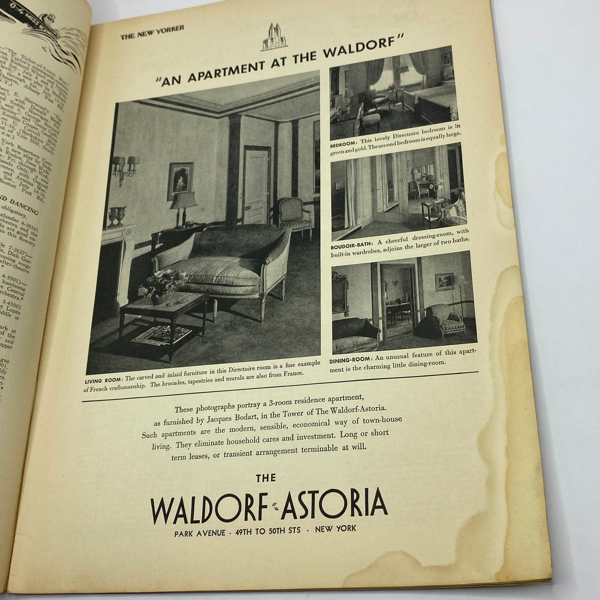An article from The New Yorker Complete Magazine July 9, 1932 showcasing an apartment at the Waldorf Astoria, with images of the living room, bedroom, boudoir bath, and dining room.