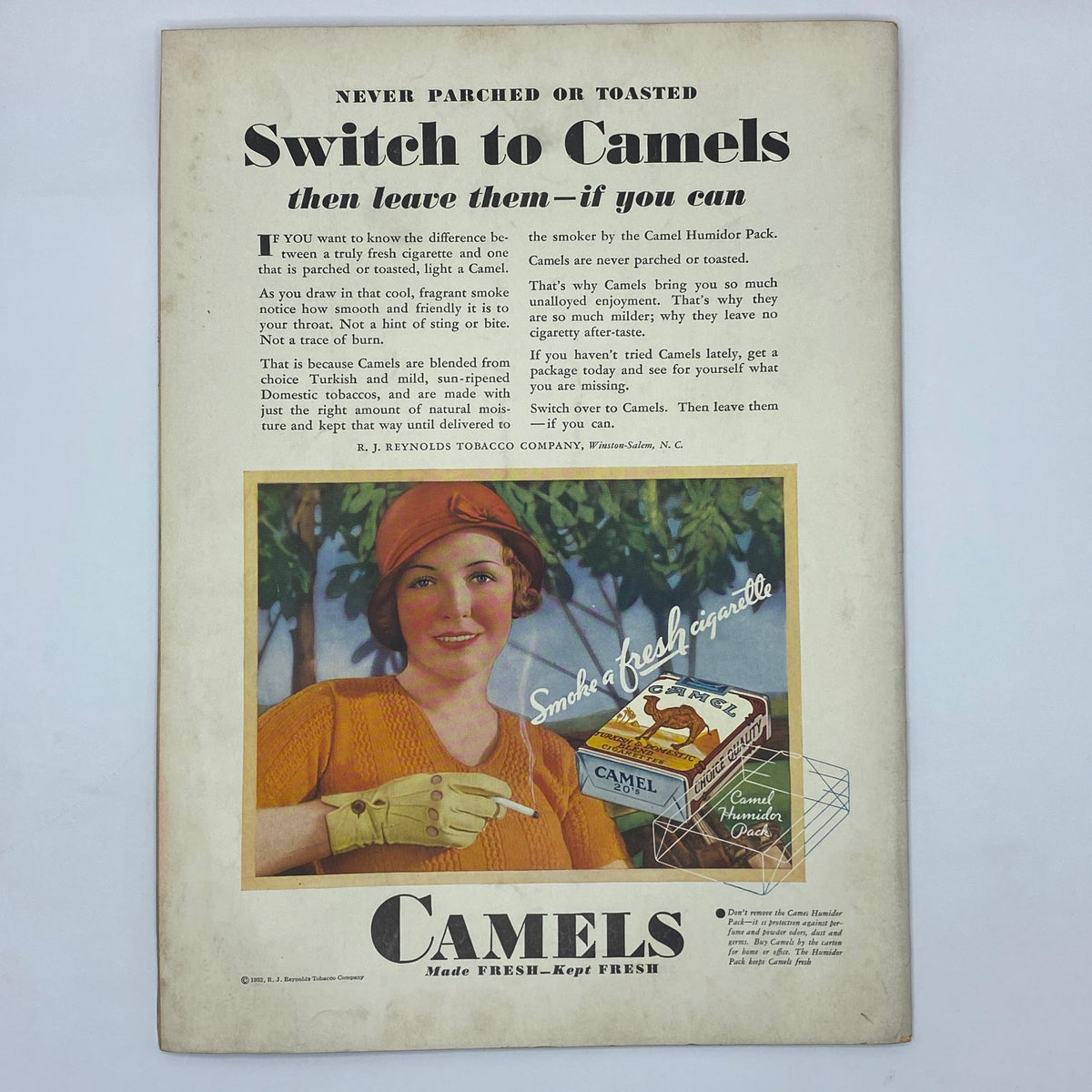 Vintage advertisement from The New Yorker Complete Magazine July 9, 1932 promoting Camel cigarettes with a smiling woman in a stylish outfit.