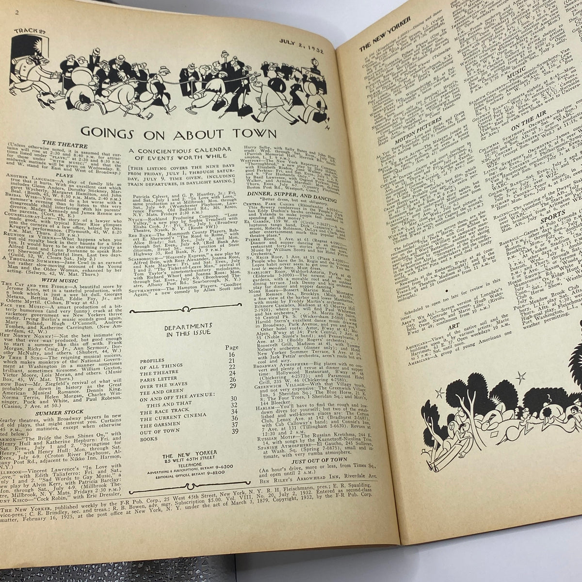 Interior pages from The New Yorker Complete Magazine July 2, 1932 featuring 'Goings On About Town' section and listings of events, showcasing the vintage style and culture of the early 1930s.