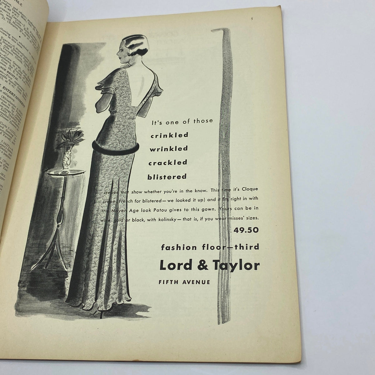 Fashion advertisement from The New Yorker Magazine complete issue October 22, 1932, showcasing a stylish gown and details of the clothing's unique fabric features. The ad illustrates early 20th-century fashion trends.