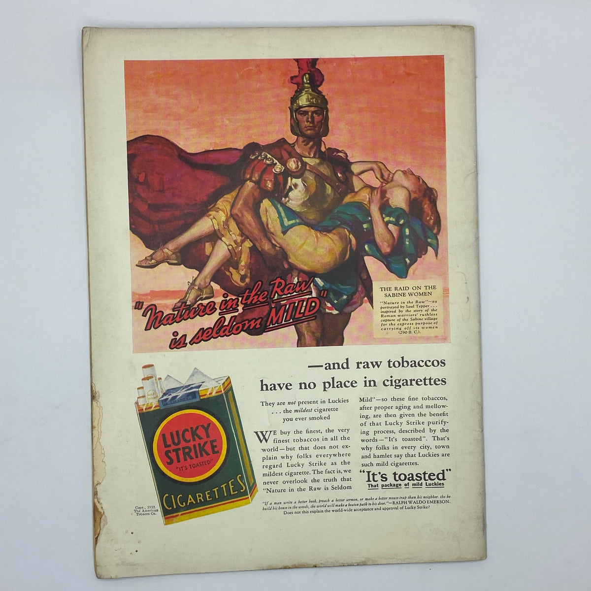 Vintage advertisement for Lucky Strike cigarettes from The New Yorker Magazine complete issue October 22, 1932, featuring a dramatic illustration of a Roman soldier with women, highlighting the advertising style of the era.