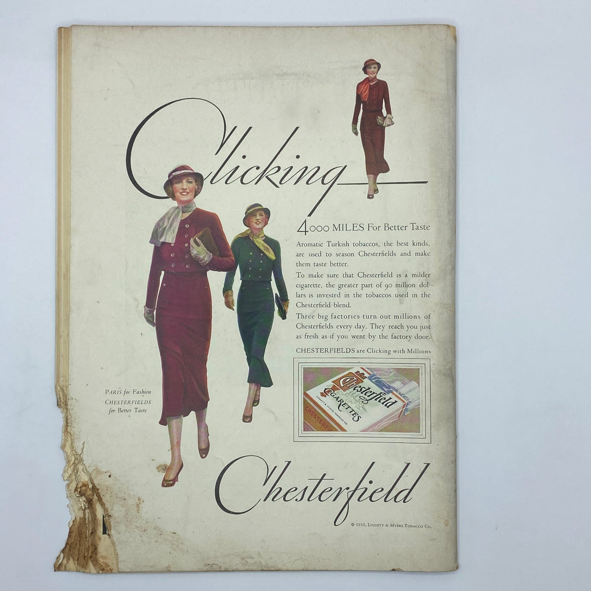 Chesterfield advertisement page with vintage fashion illustrations from The New Yorker Complete Magazine October 15, 1932 William Steig Cover, reflecting the advertising style of the era.