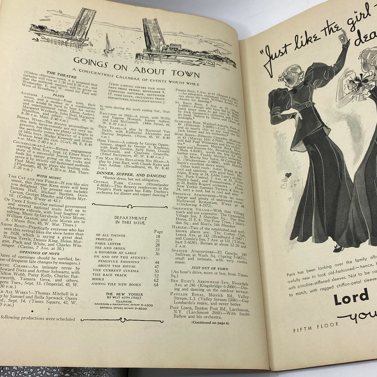 Inside page of The New Yorker magazine September 10, 1932 featuring events calendar and original advertisements.