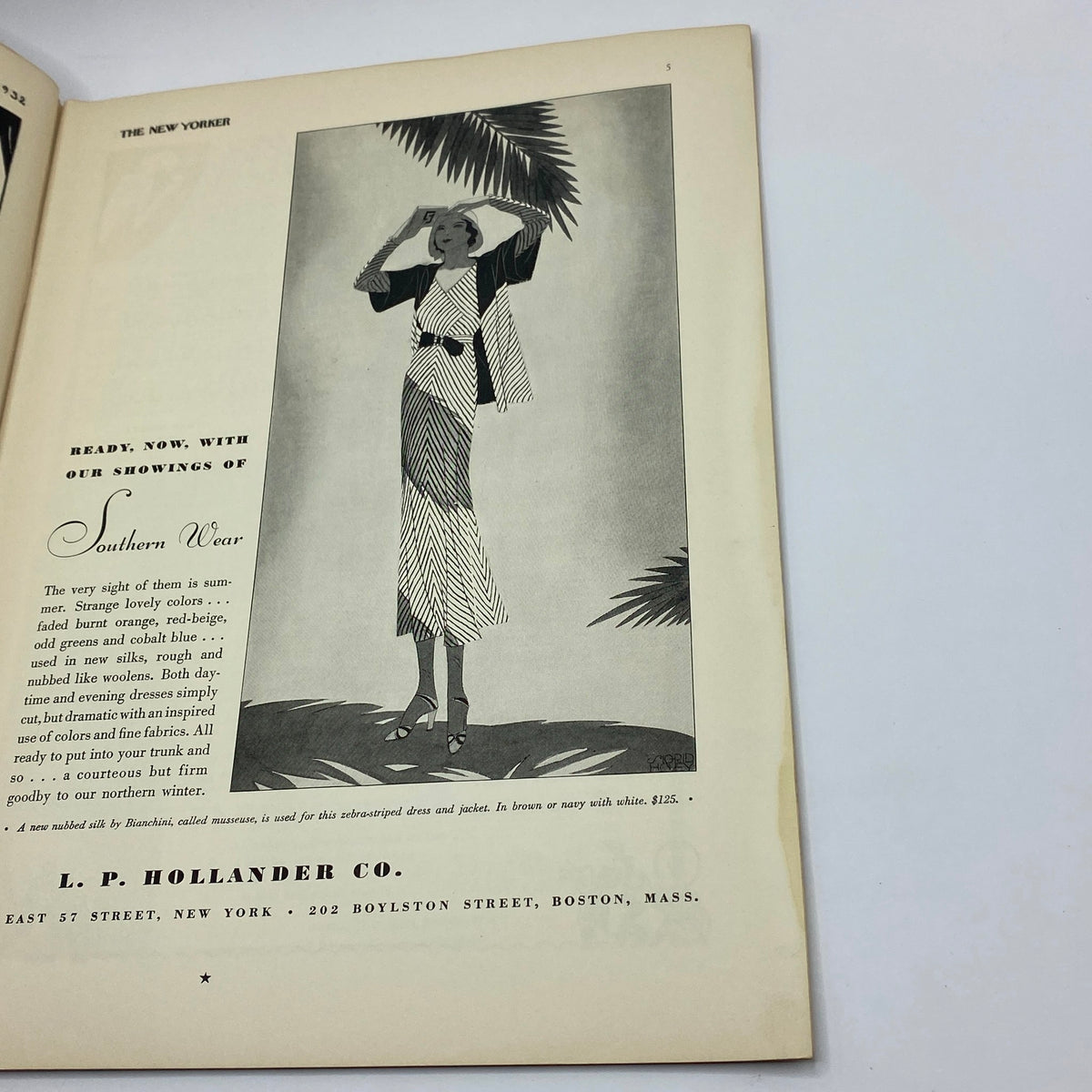 Fashion advertisement showcasing a stylish woman in Southern wear from The New Yorker Complete Magazine January 2, 1932. The illustration highlights the elegant design of a striped dress and jacket, embodying early 20th-century fashion trends.