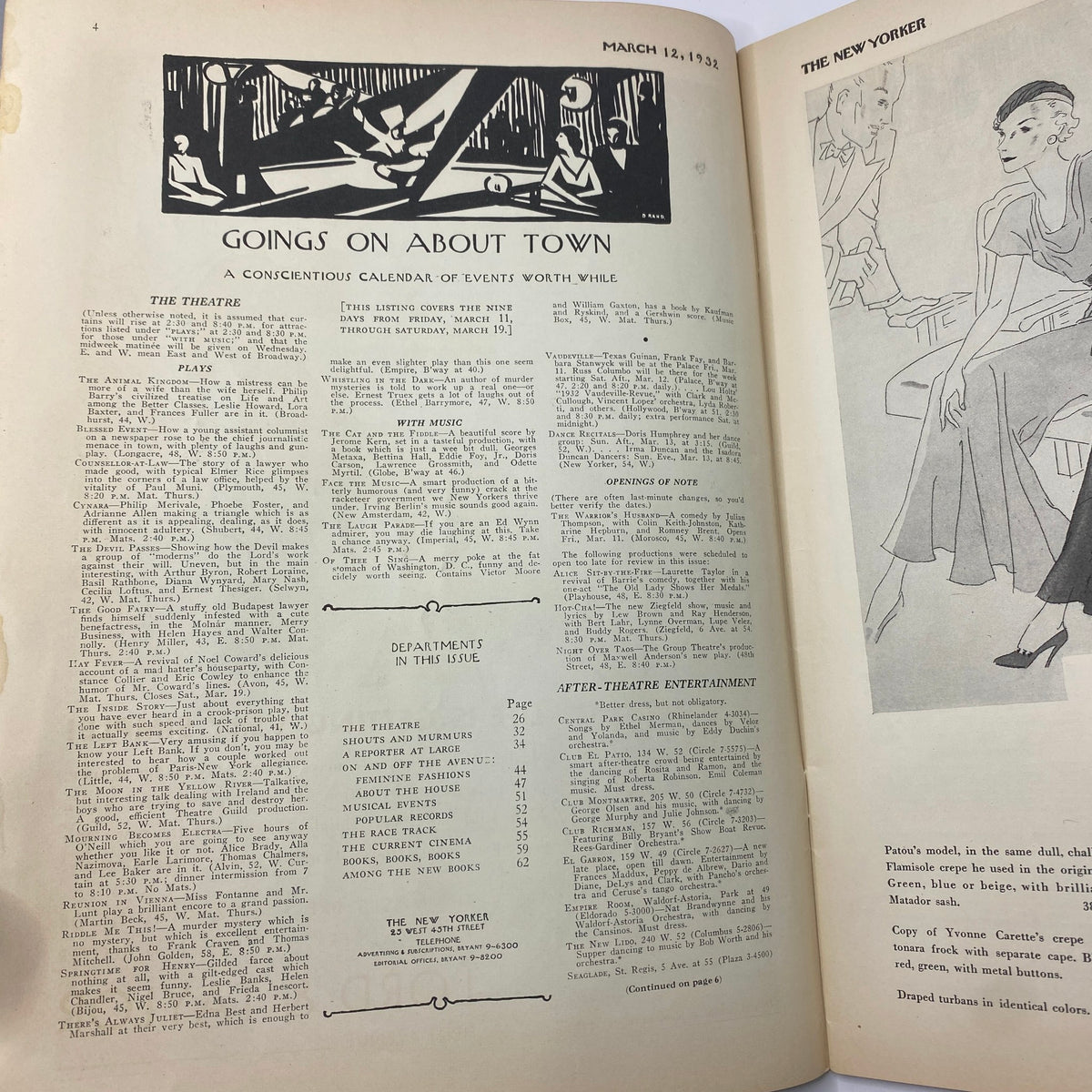 Interior page of The New Yorker Complete Magazine March 12, 1932 showcasing the 'Goings on About Town' section, featuring listings for plays and events.