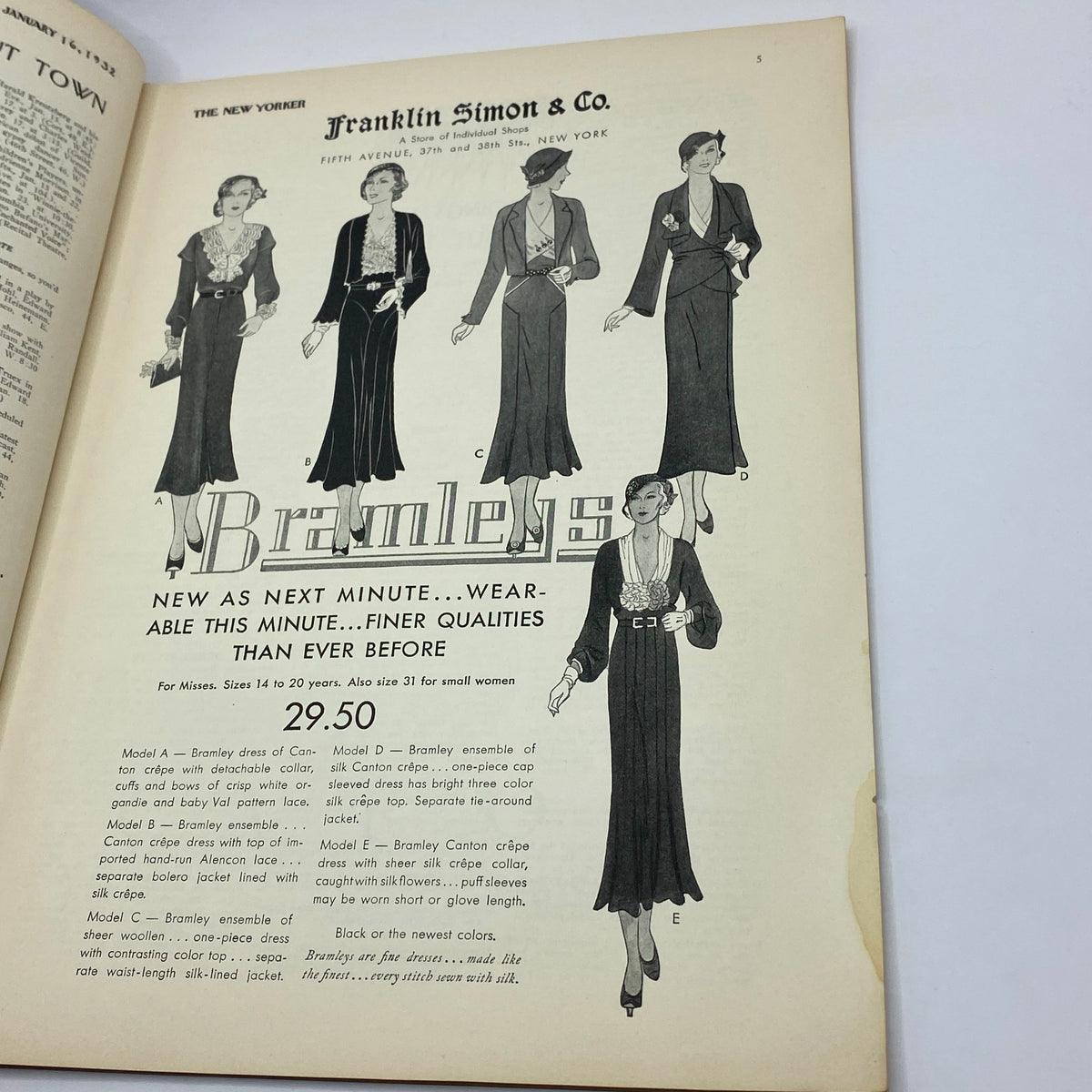 Fashion advertisement showcasing stylish women's dresses in The New Yorker magazine from January 16, 1932, emphasizing contemporary fashion trends of the early 1930s.