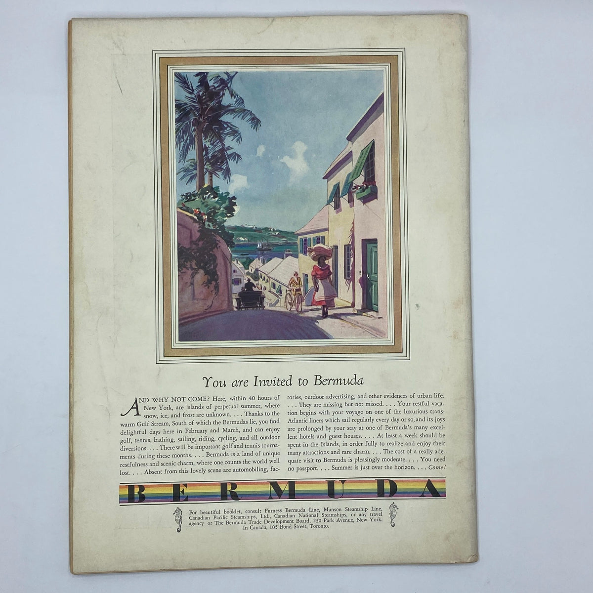 Colorful advertisement inviting readers to visit Bermuda in The New Yorker magazine from January 16, 1932, depicting a picturesque street scene and promoting travel.