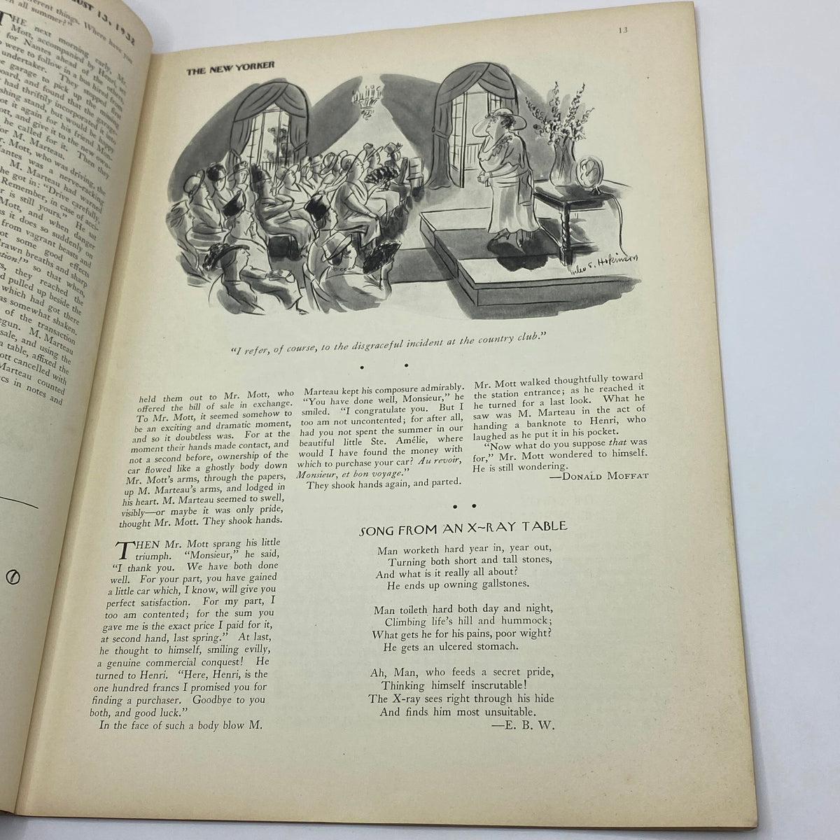 Illustration from The New Yorker Complete Magazine August 13, 1932 depicting an audience at an event, highlighting the magazine's artistic storytelling and humor.