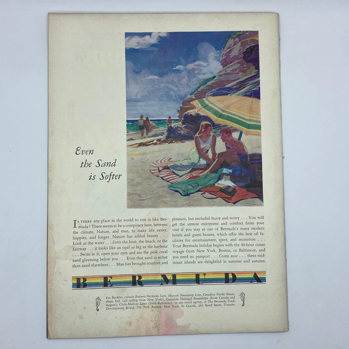 Advertisement page from The New Yorker Complete Magazine August 13, 1932 featuring a colorful beach scene in Bermuda, emphasizing luxury travel in the 1930s.
