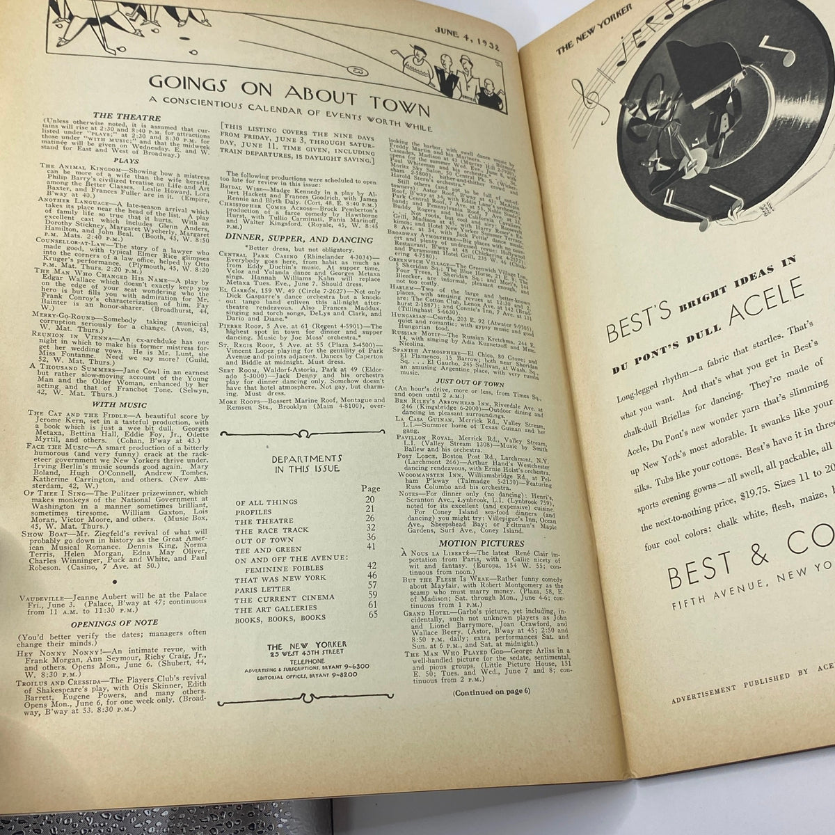 Interior page of The New Yorker Complete Magazine June 4, 1932 featuring a calendar of events and theater information.