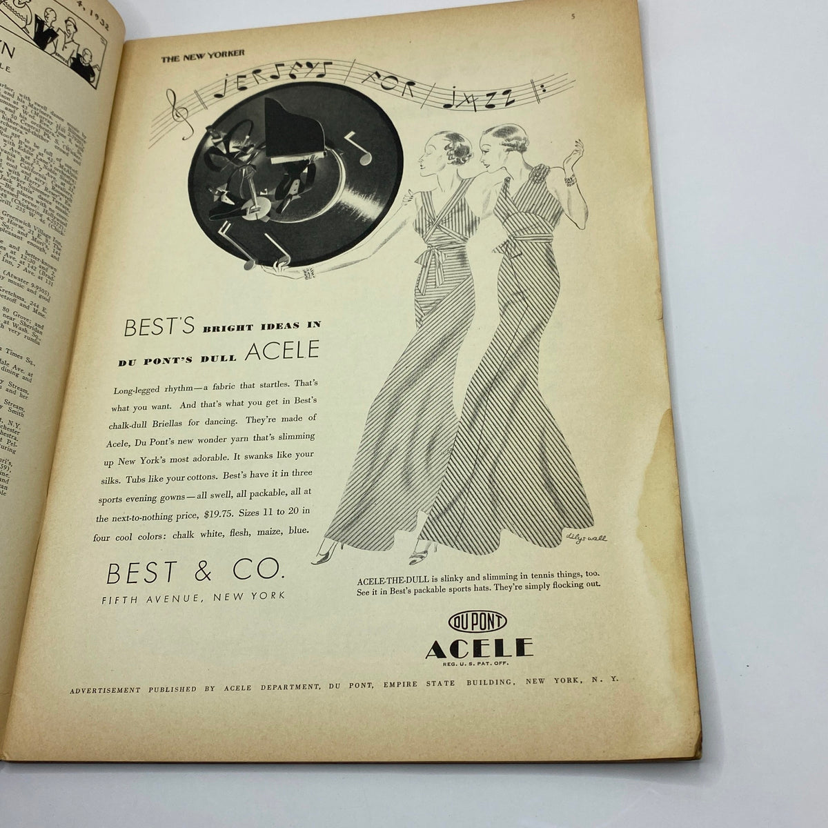Advertisement page from The New Yorker Complete Magazine June 4, 1932 showcasing Best's Acele fashion and a stylish illustration.
