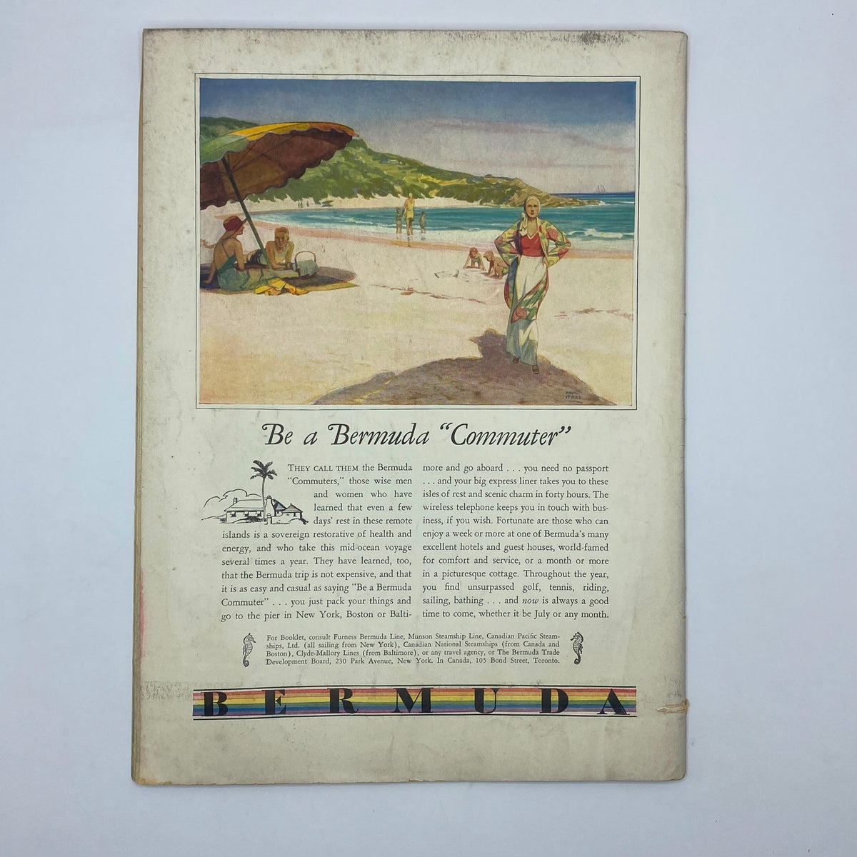 Illustration from The New Yorker Complete Magazine July 16, 1932 featuring a beach scene promoting Bermuda as a travel destination with the caption 'Be a Bermuda Commuter'.