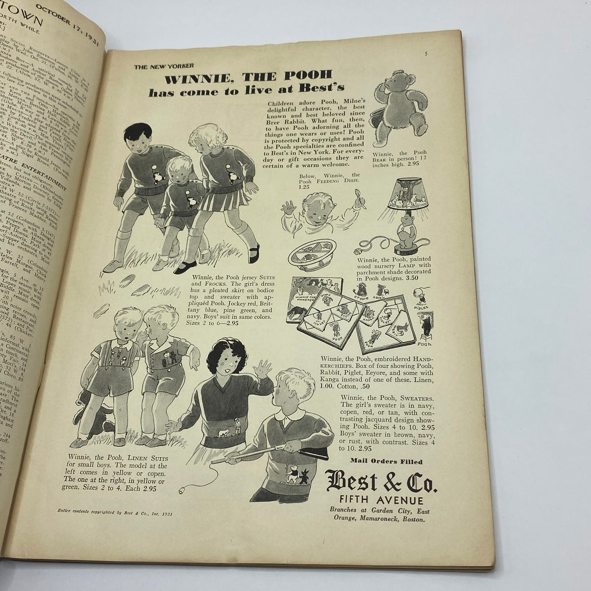 Advertisement in The New Yorker magazine, October 17, 1931 for 'Winnie the Pooh' products including clothing and toys, showcasing children's apparel and a plush toy, highlighting the popularity of A.A. Milne's character.