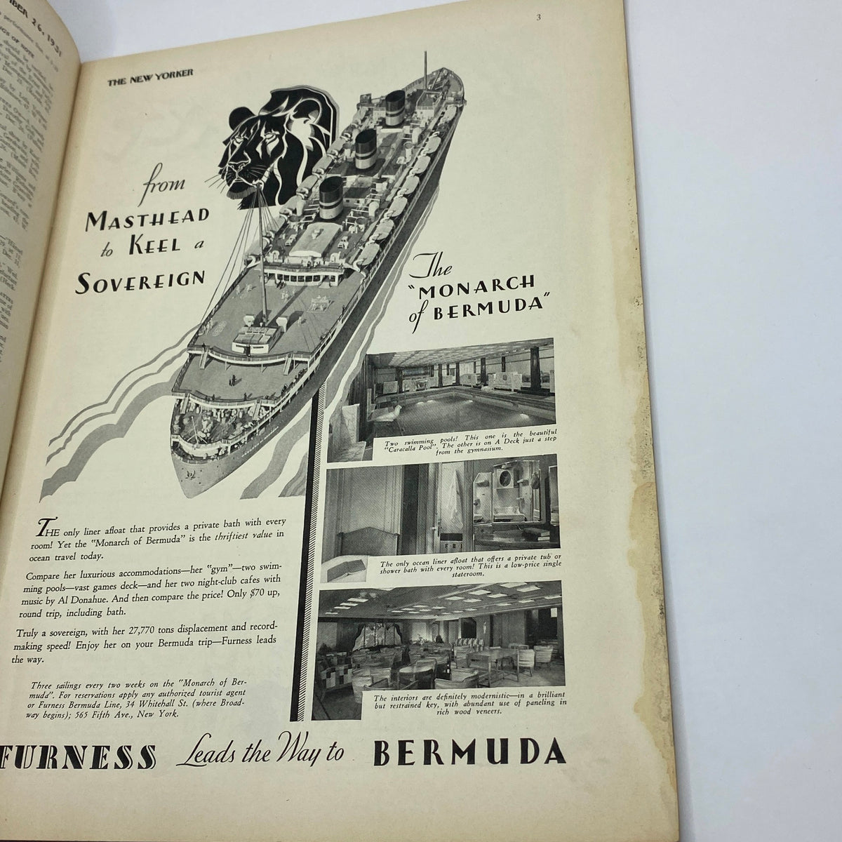 Inside page of The New Yorker magazine from December 26, 1931 featuring a ship advertisement for the Monarch of Bermuda, showcasing luxurious accommodations and a private bath feature. This vintage magazine is part of The New Yorker Complete Magazine collection.
