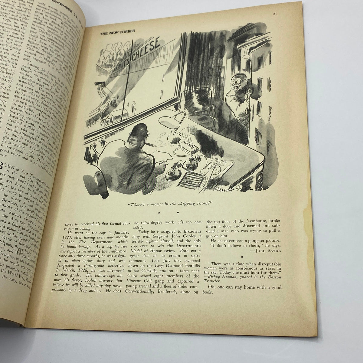Illustration from The New Yorker magazine December 26, 1931 depicting a humorous scene titled 'There’s a mouse in the shipping room.' This artwork highlights the artistic charm of the magazine during the early 1930s.