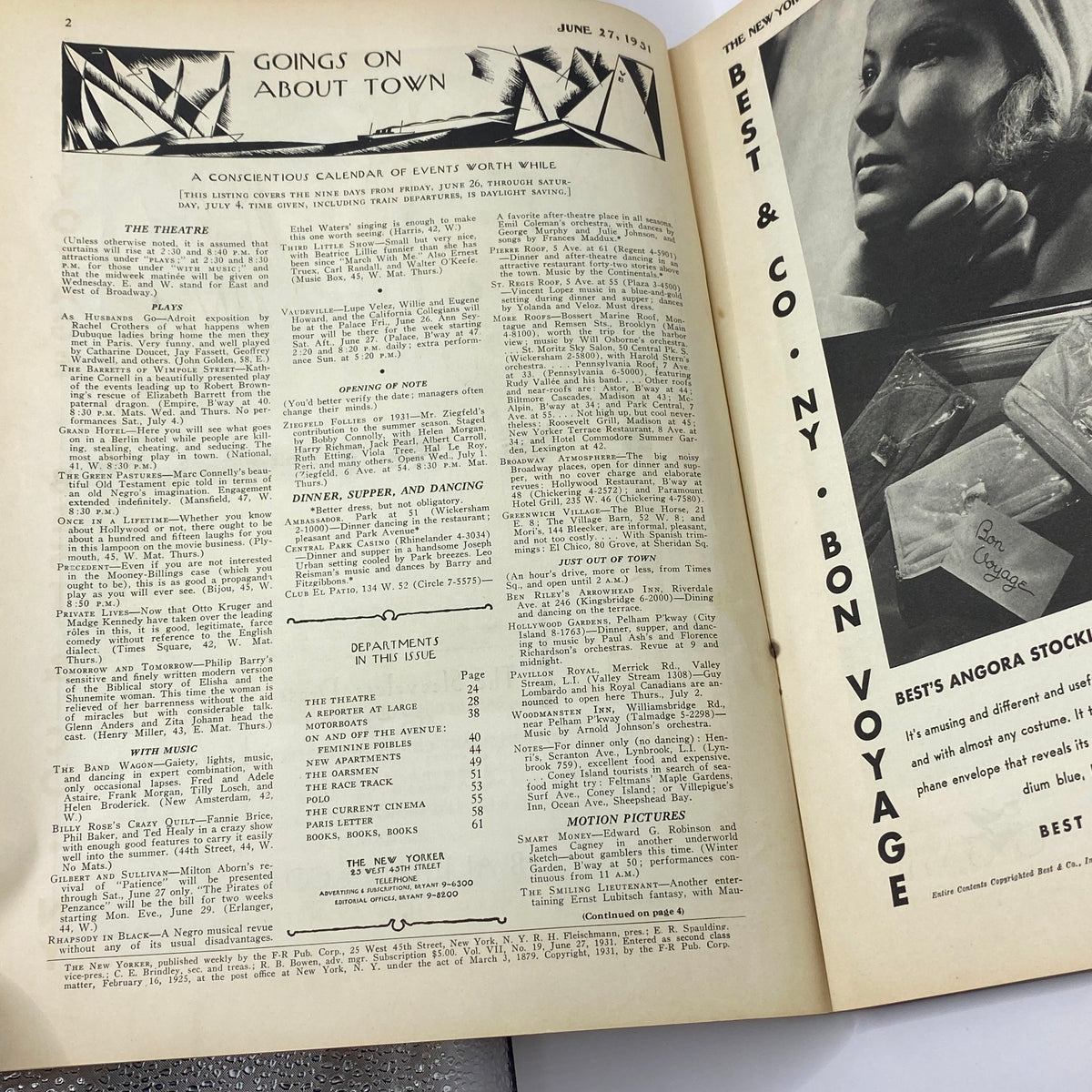 Interior page featuring the calendar of events from The New Yorker Complete Magazine June 27, 1931, showcasing cultural happenings and advertisements typical of the era.