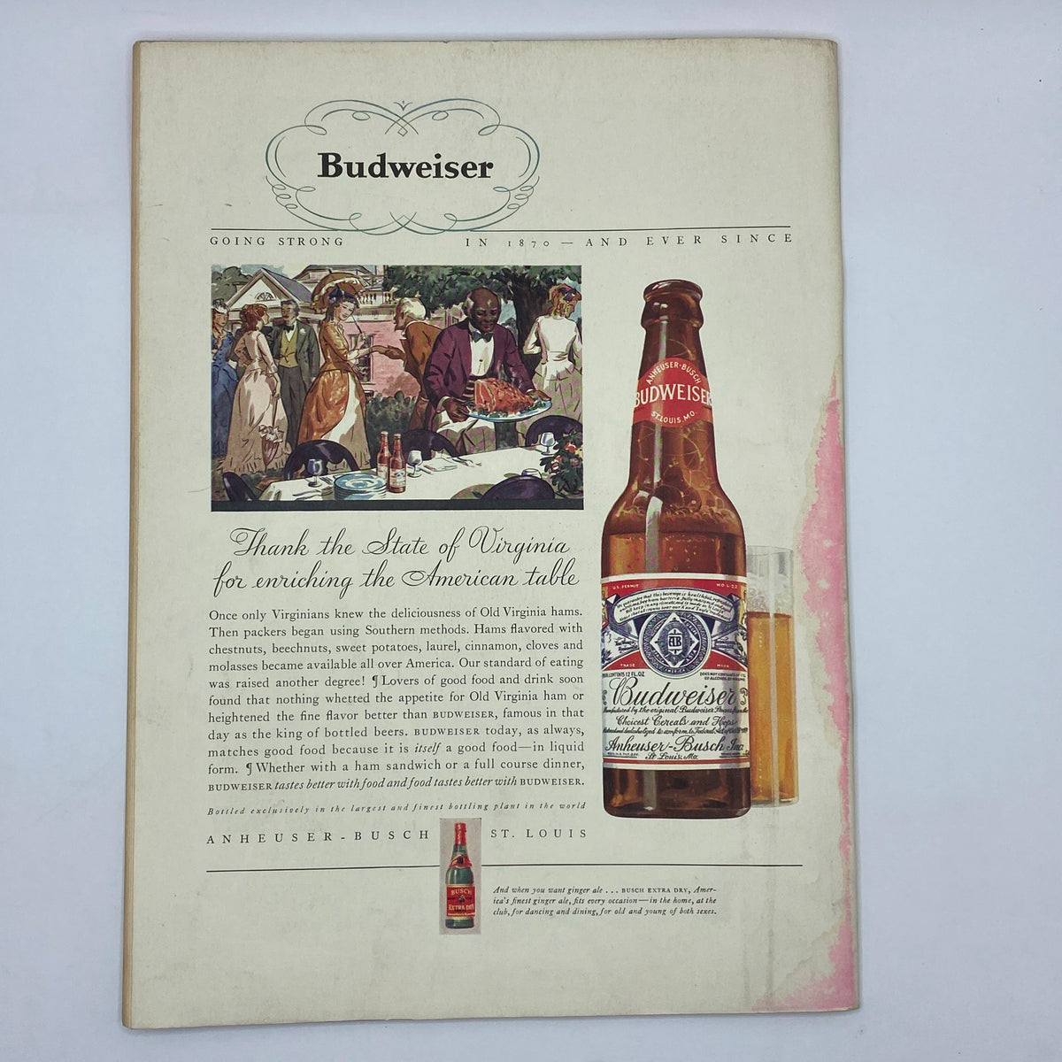 Vintage advertisement of Budweiser beer featuring a colorful illustration and text from an old magazine, from The New Yorker Complete Magazine June 27, 1931.