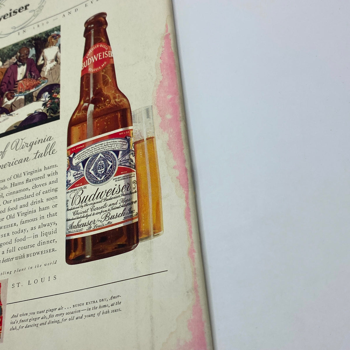 Close-up of Budweiser beer advertisement showcasing the bottle and glass with beer, from The New Yorker Complete Magazine June 27, 1931.