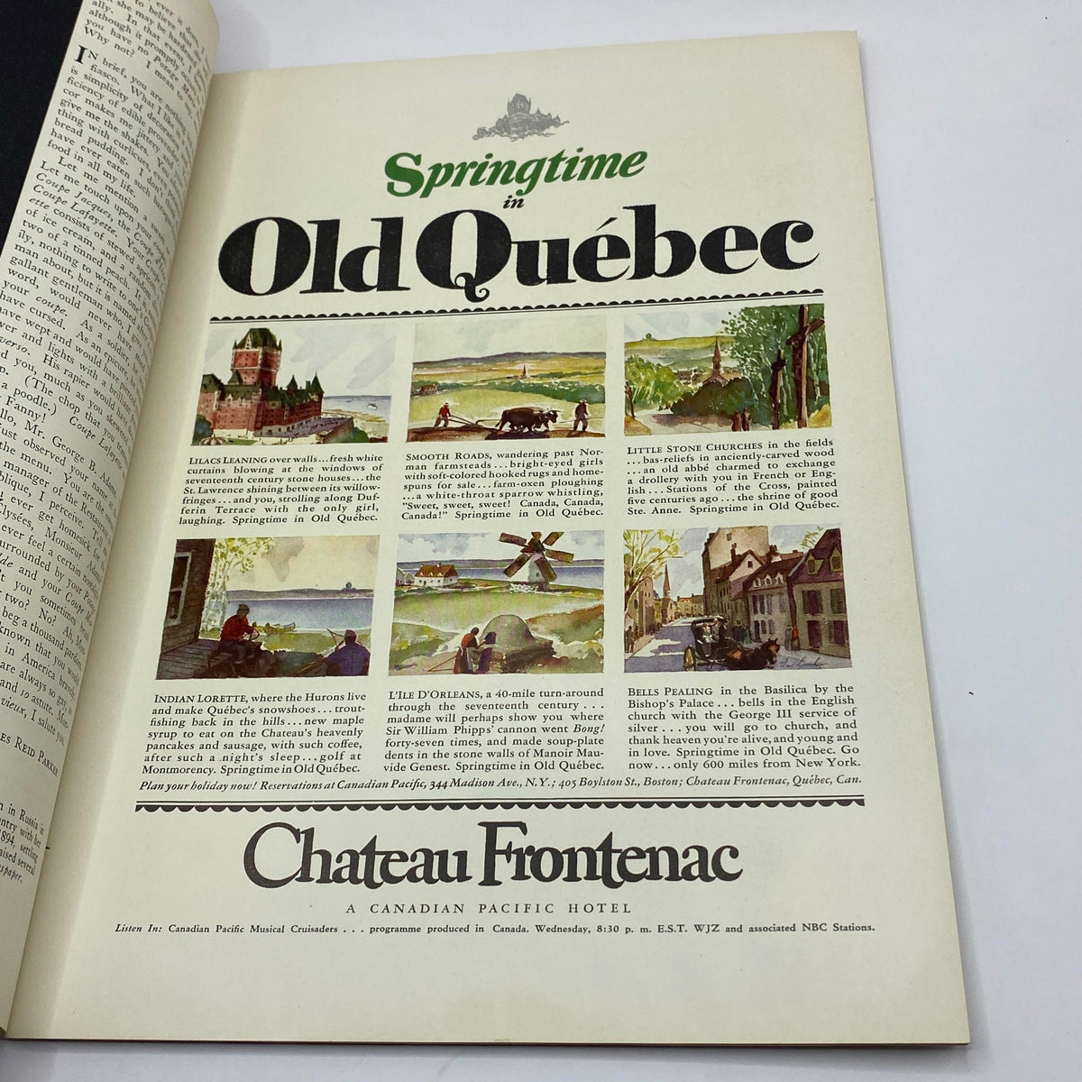 Article titled 'Springtime in Old Quebec' in The New Yorker magazine from April 18, 1931, showcasing beautiful illustrations of Quebec's seasonal scenery.